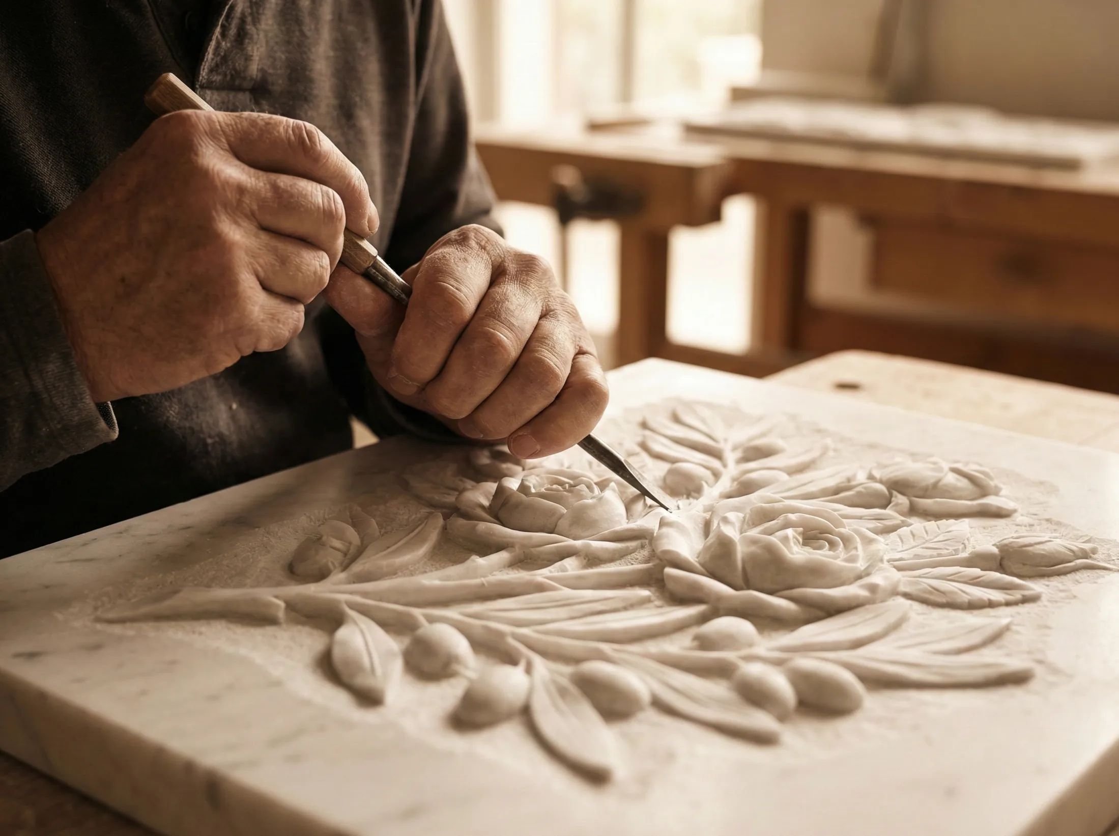 Steinmetz bearbeitet einen bündigen Liegestein für ein Rasengrab in Frankfurt