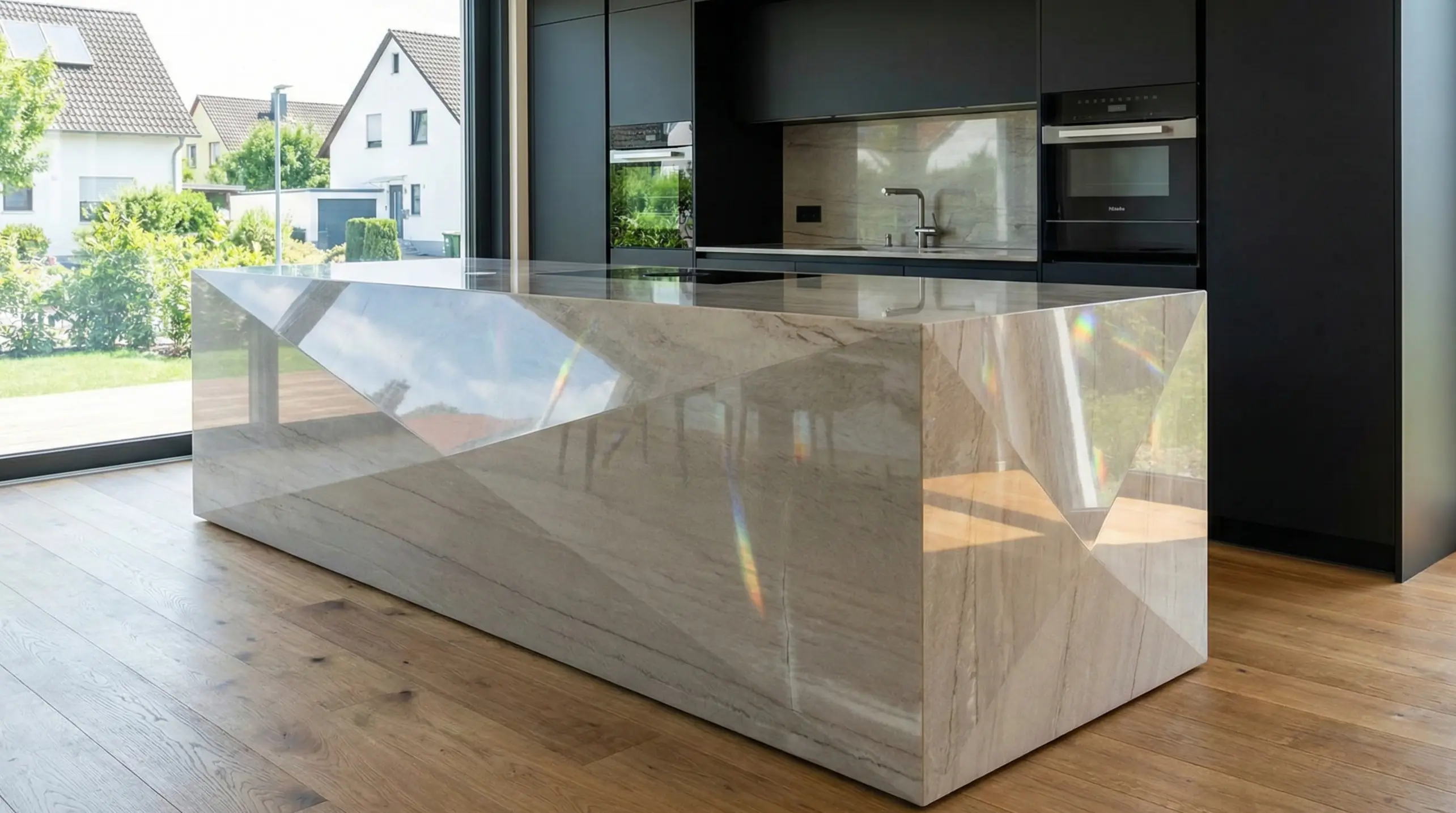 Modern kitchen island polished quartzite faceted design in Bad Vilbel