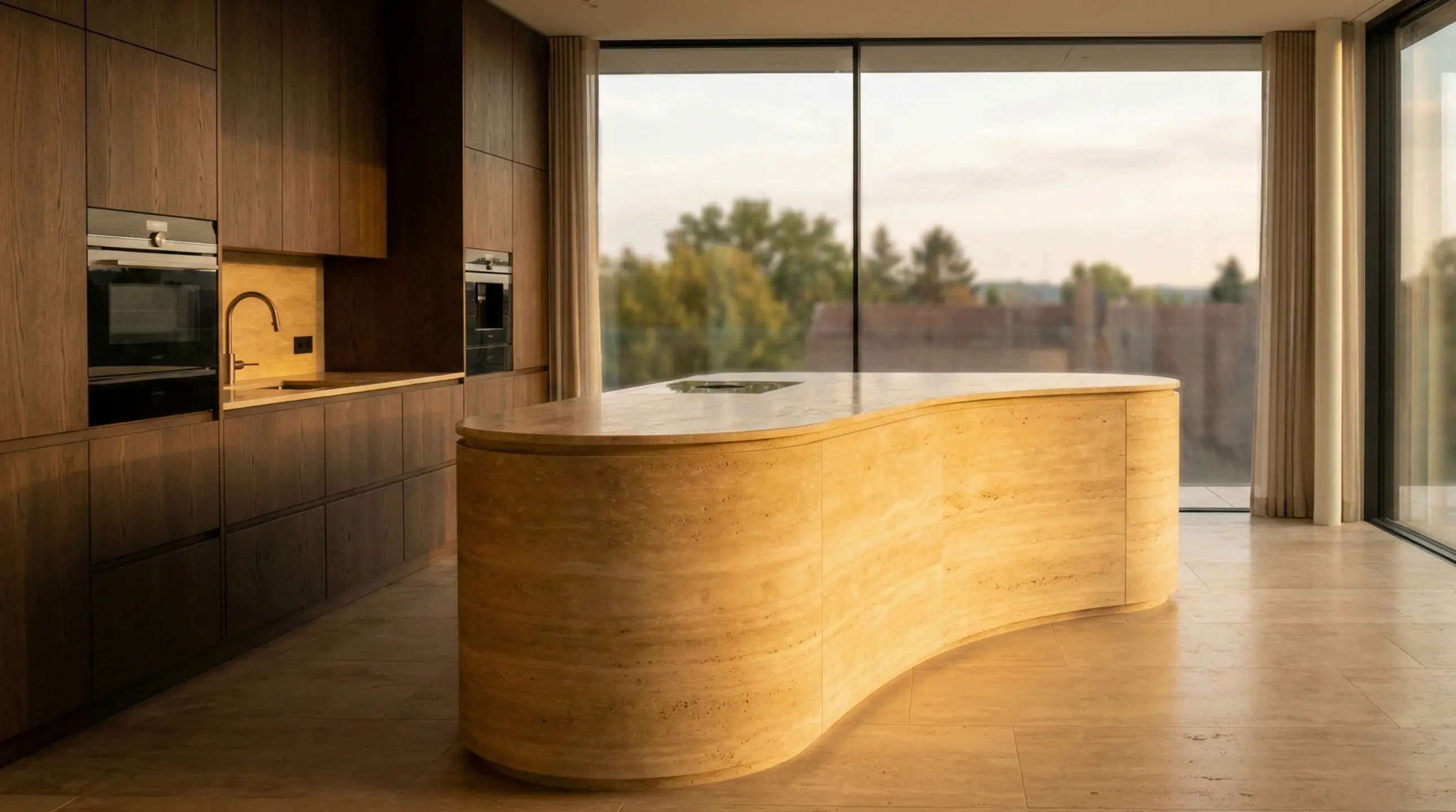 Warm travertine kitchen island with organic curves