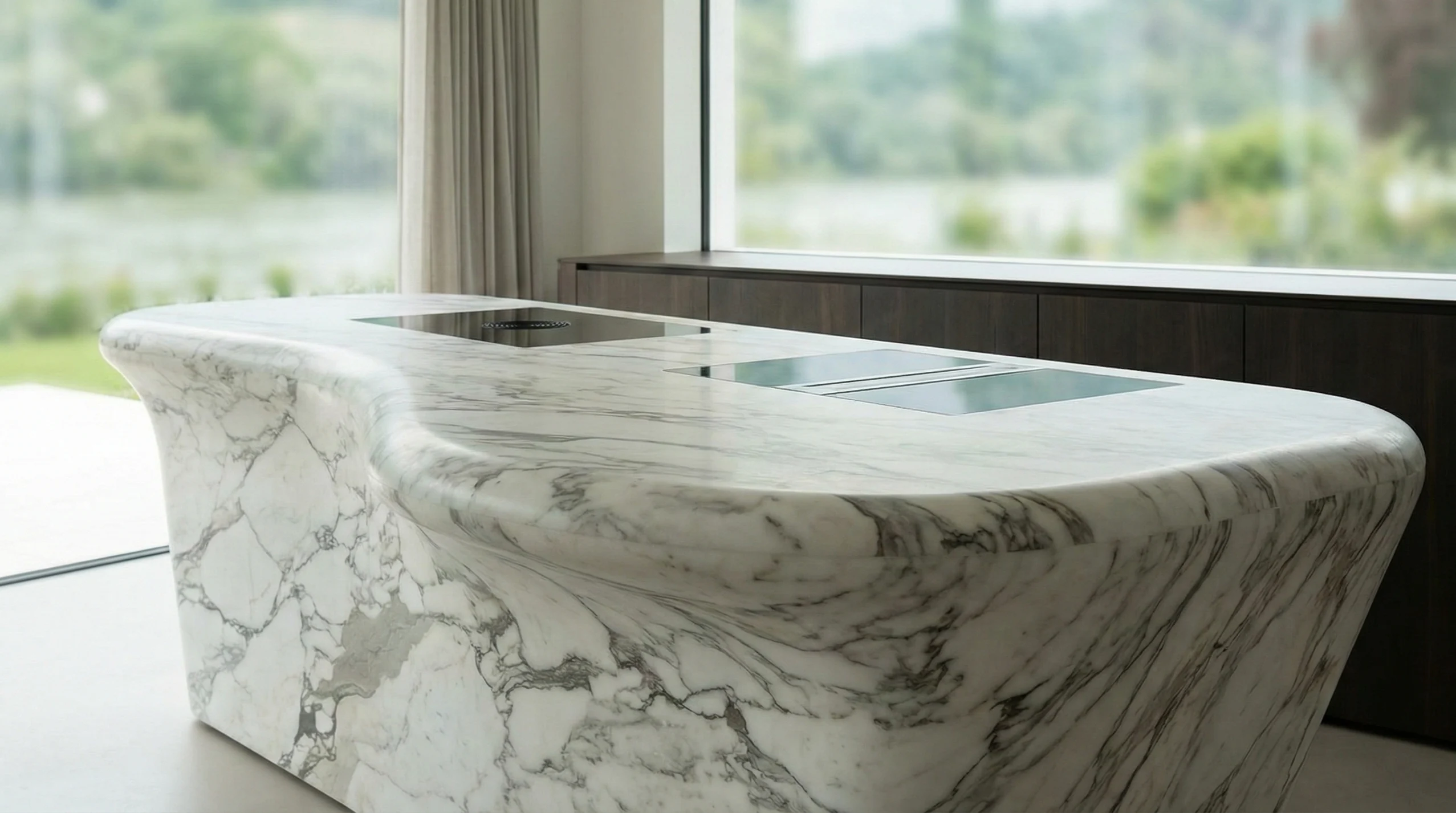 Organic marble kitchen island with fluid veining