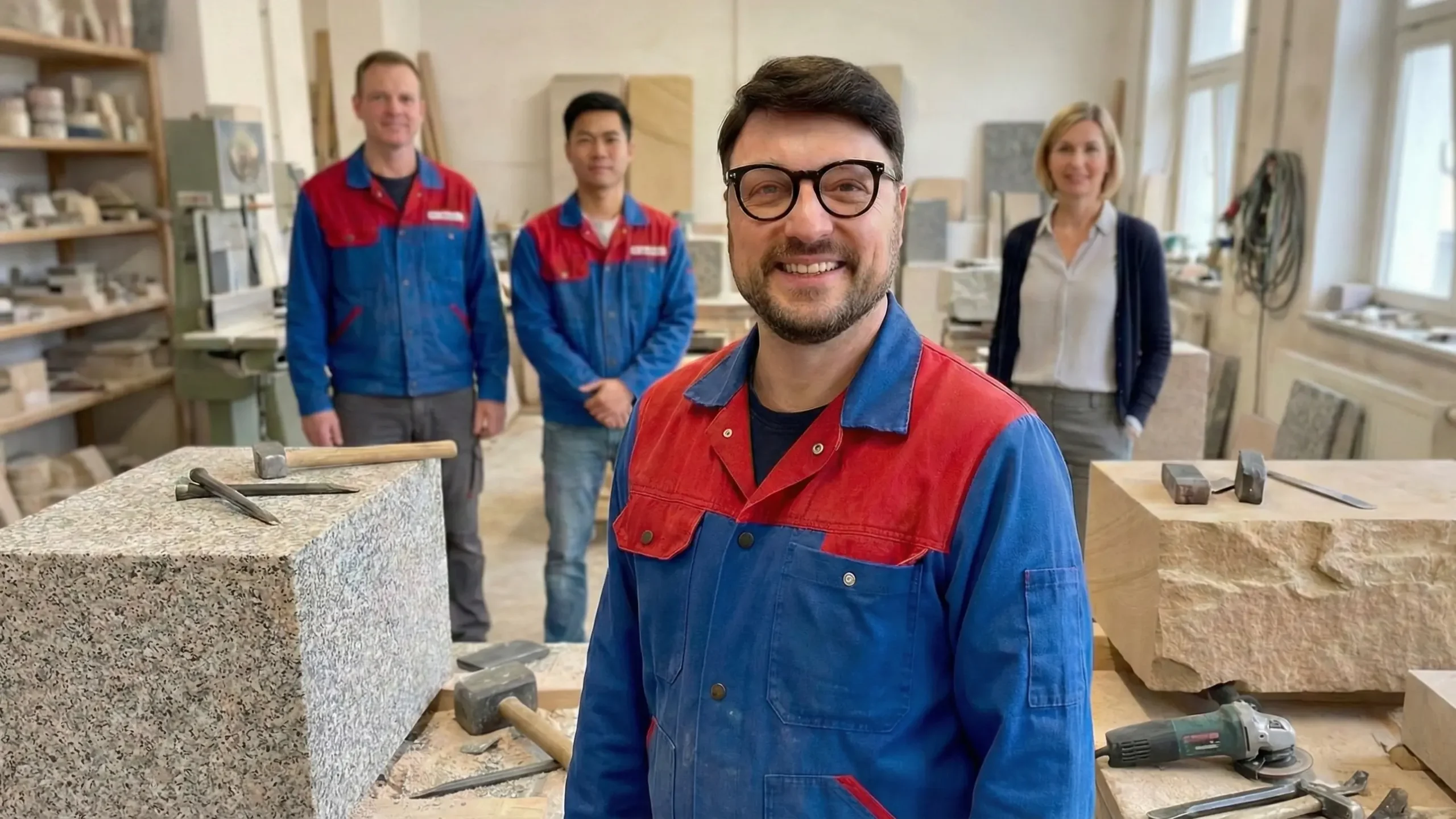 Das Team von Schugar Natursteine: Sebastian Schugar mit seinen Meistersteinmetzen