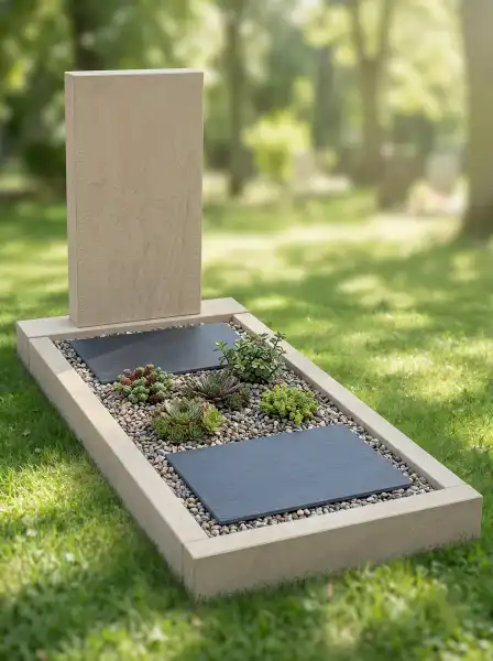 Moderner liegender Grabstein in Herzform für ein Einzelgrab