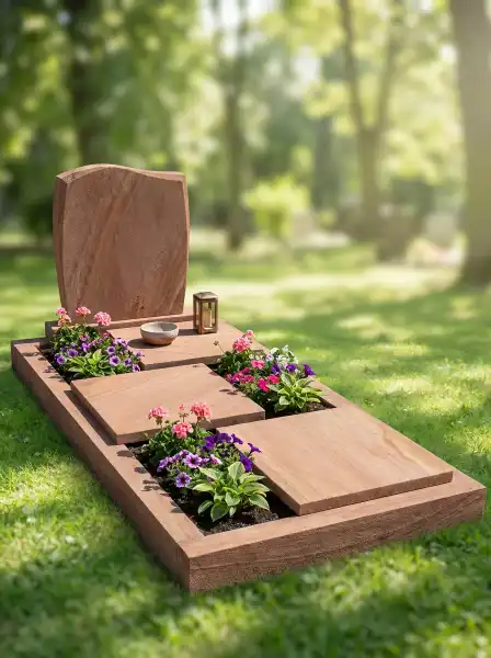 Grabeinfassung mit hinterer Teilabdeckung und aufgesetztem Kissenstein