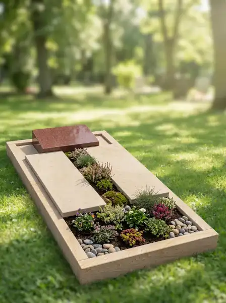 Dezente Liegeplatte für Einzelgrab aus dunklem Basalt mit Bronze-Ornament