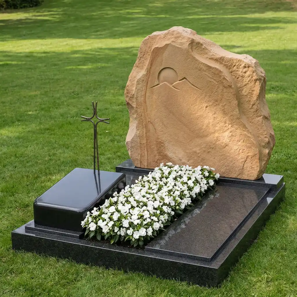 Zusatzstein Grab: Heller Naturstein passend zur Grabeinfassung