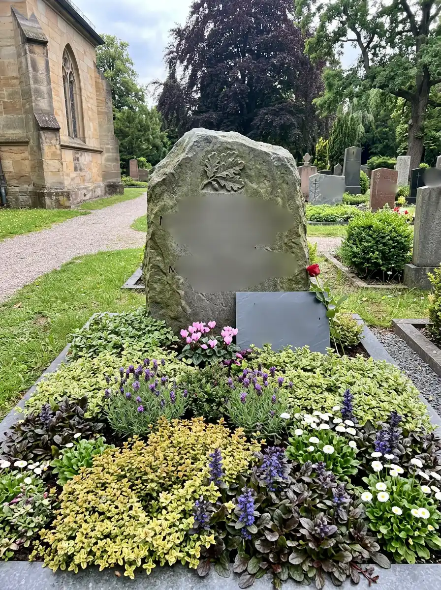 Harmonischer Kissenstein für eine Urne auf einem großen Doppelgrab