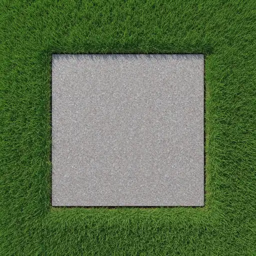 Stehender Grabstein am Kopfende eines gepflegten Wiesengrabs