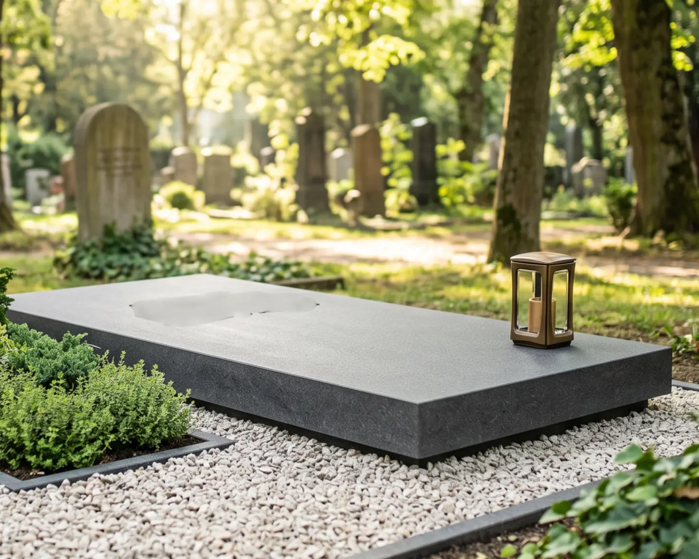 Pflegefreies Erdgrab mit Teilabdeckung aus Granit auf dem Frankfurter Hauptfriedhof